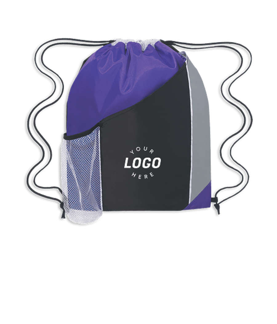 Full Color Sports Pack Tri-Color Drawstring Bag in Black with Purple