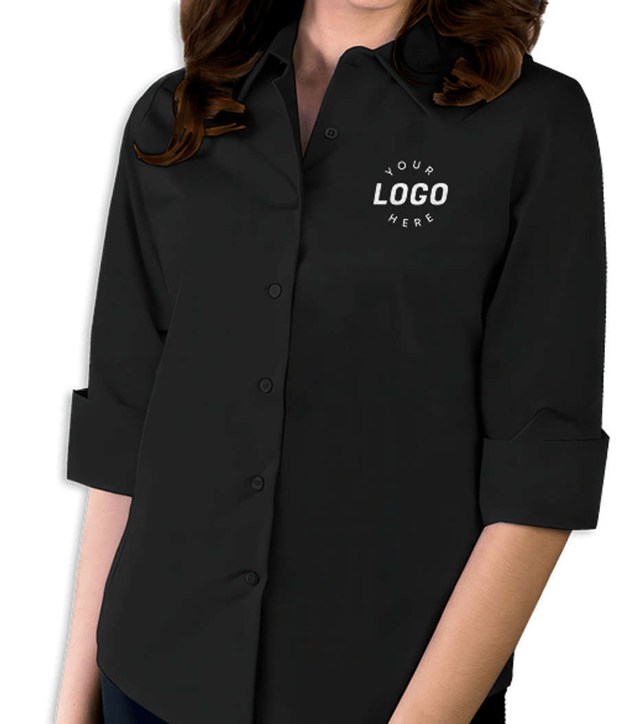 Blue Generation Women's Stretch Poplin 3/4 Sleeve Dress Shirt in Black