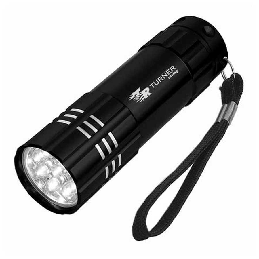 Laser Engraved Aluminum LED Flashlight with Strap in Black