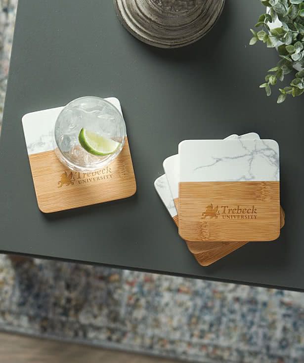 Laser Engraved Marble and Bamboo Coasters (Set of 4)