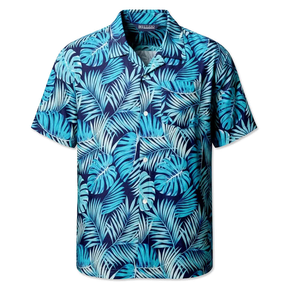 Blue Generation Tropical Leaves Short Sleeve Camp Shirt