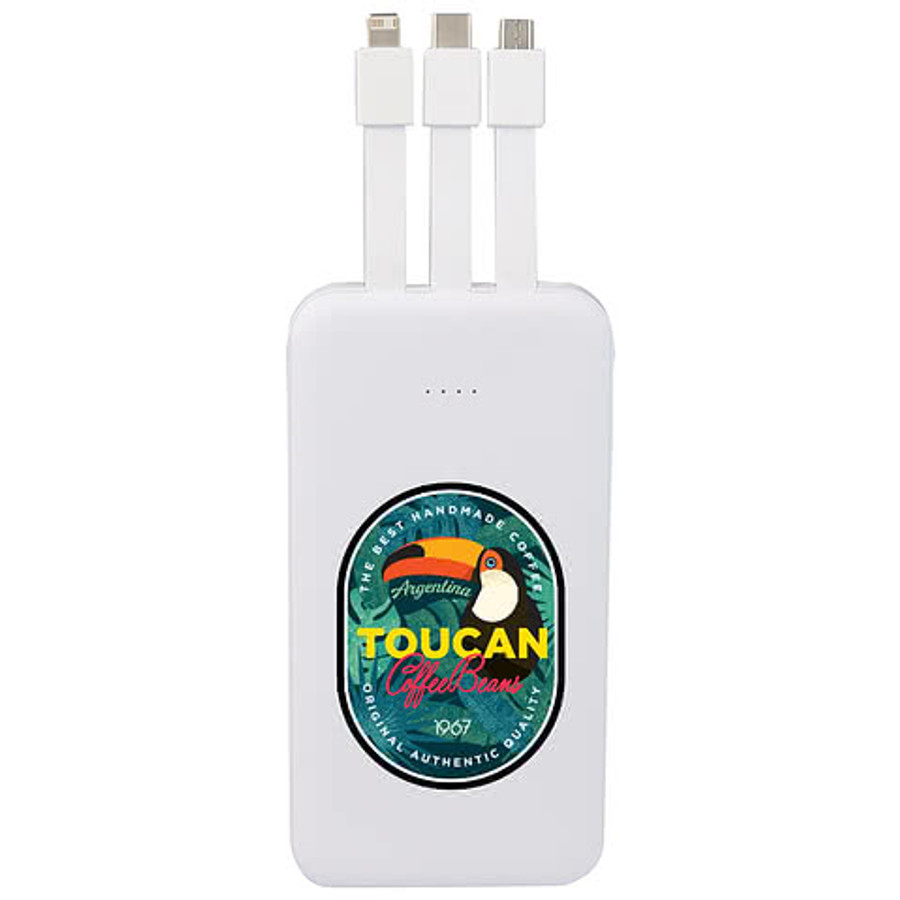 Full Color 5,000 mAh Multi-Cable Portable Power Bank in White