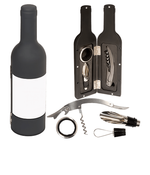 Bordeaux 3-Piece Wine Tool Set with Bottle Shaped Case in BLACK