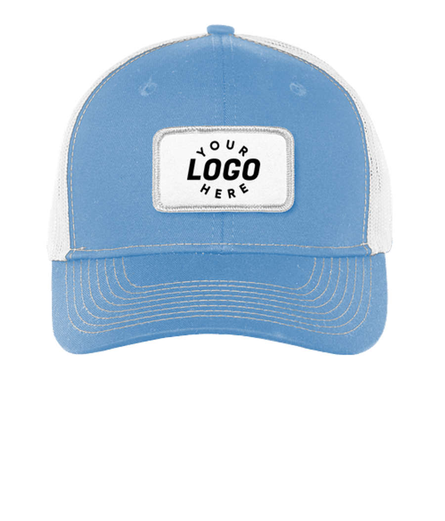 Port Authority Snapback Trucker Hat - Rectangle Patch - Sublimated in Carolina Blue / White