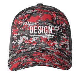 Port Authority Digital Camo Snapback Trucker Hat - Color: Flame Red Digi / Grey Steel
