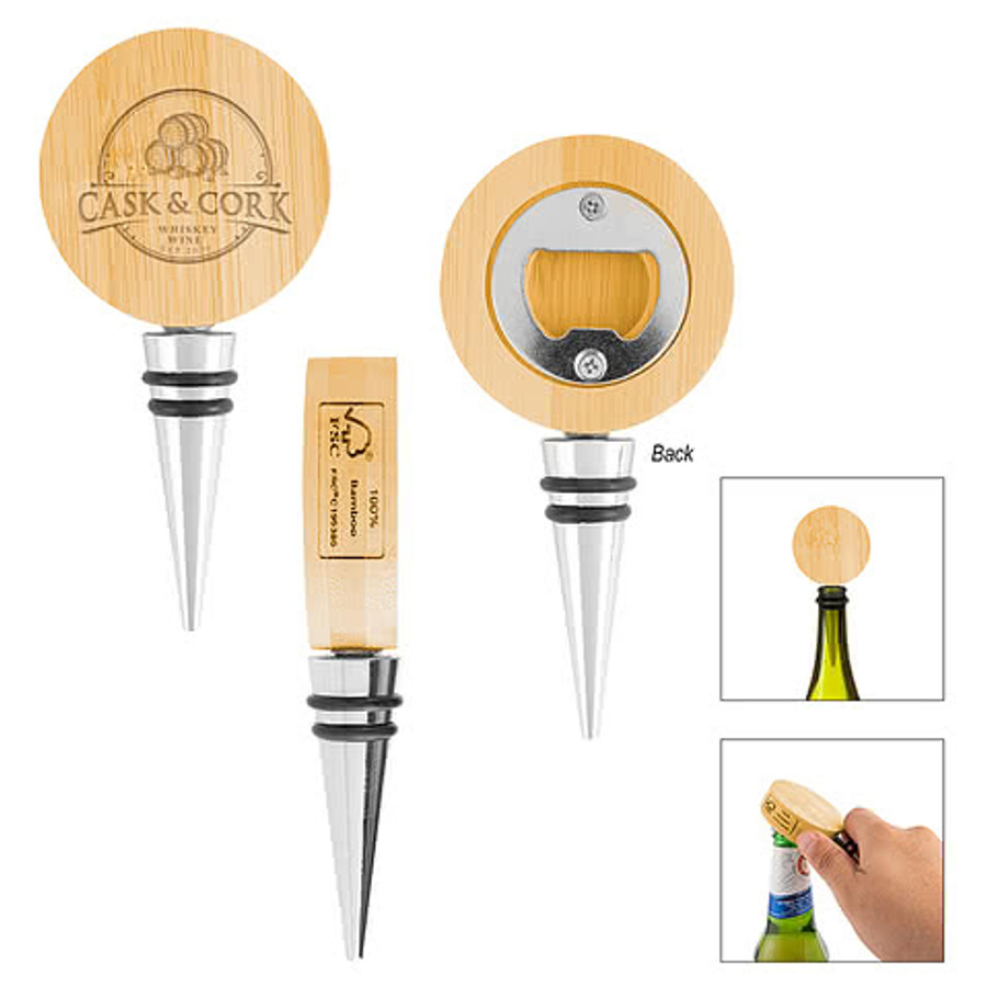 Laser Engraved Bamboo Wine Stopper with Bottle Opener