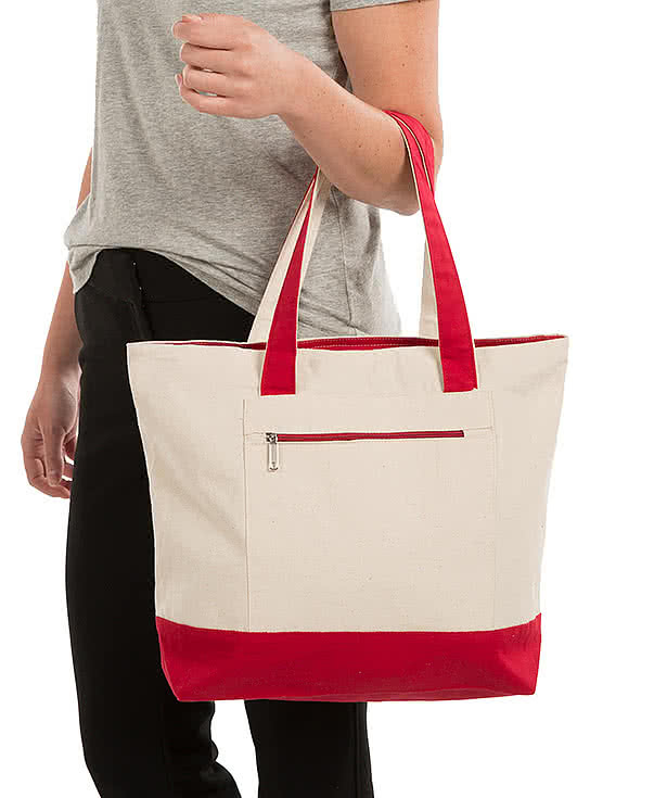 Embroidered Large Front Zipper Cotton Tote Bag