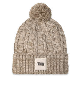 Ahead Aspen Pom Pom Beanie with Ivory Square Patch - Color: Tan / Ivory