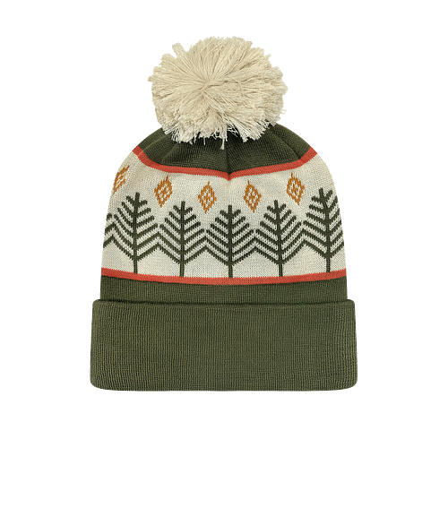 Locale Grand Recycled Pom Beanie in Rustic Trees / Olive Green