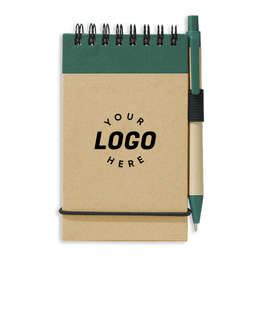 Recycled Mini Flip Spiral Jotter with Pen - Color: Natural w/ Green Trim
