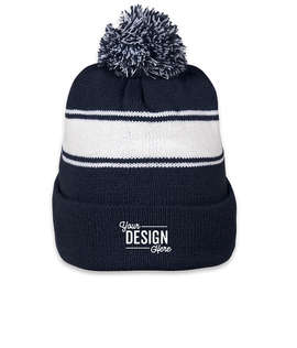 Sport-Tek Striped Pom Pom Beanie - Color: True Navy / White