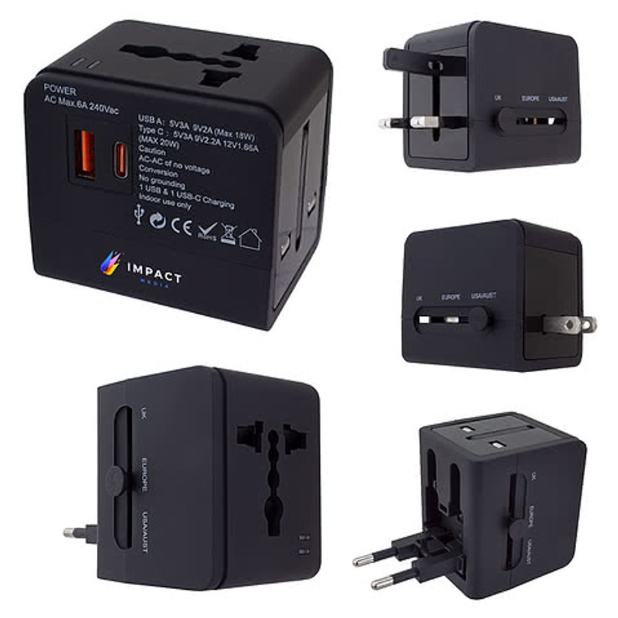 Full Color 20W Universal Travel Adapter in Black