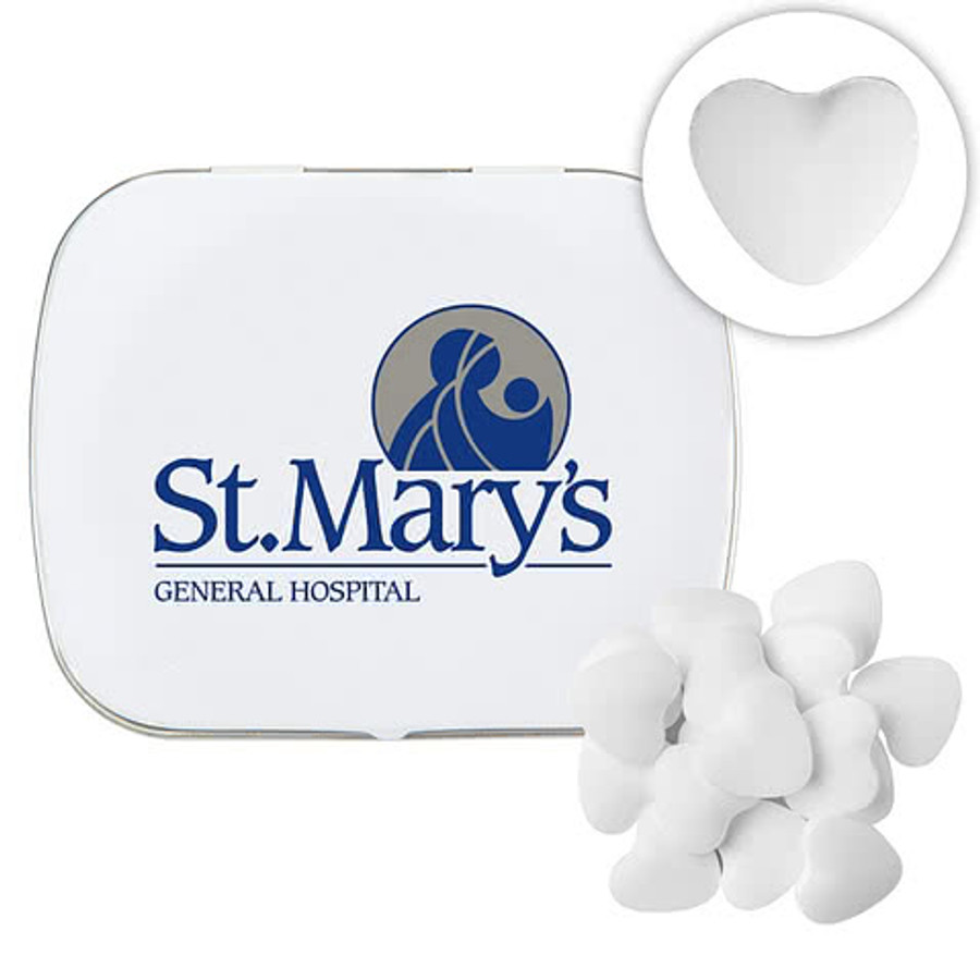 Full Color Domed Tin with Heart Shaped Mints in Navy