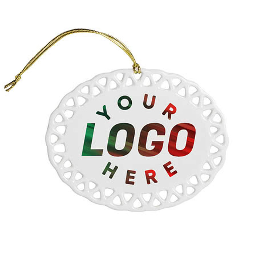 Full Color Horizontal Oval Doily Ceramic Ornament in White with Silver Cord