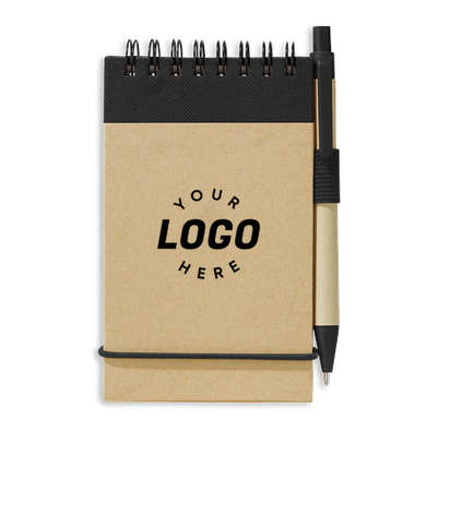 Recycled Mini Flip Spiral Jotter with Pen - Natural w/ Black Trim