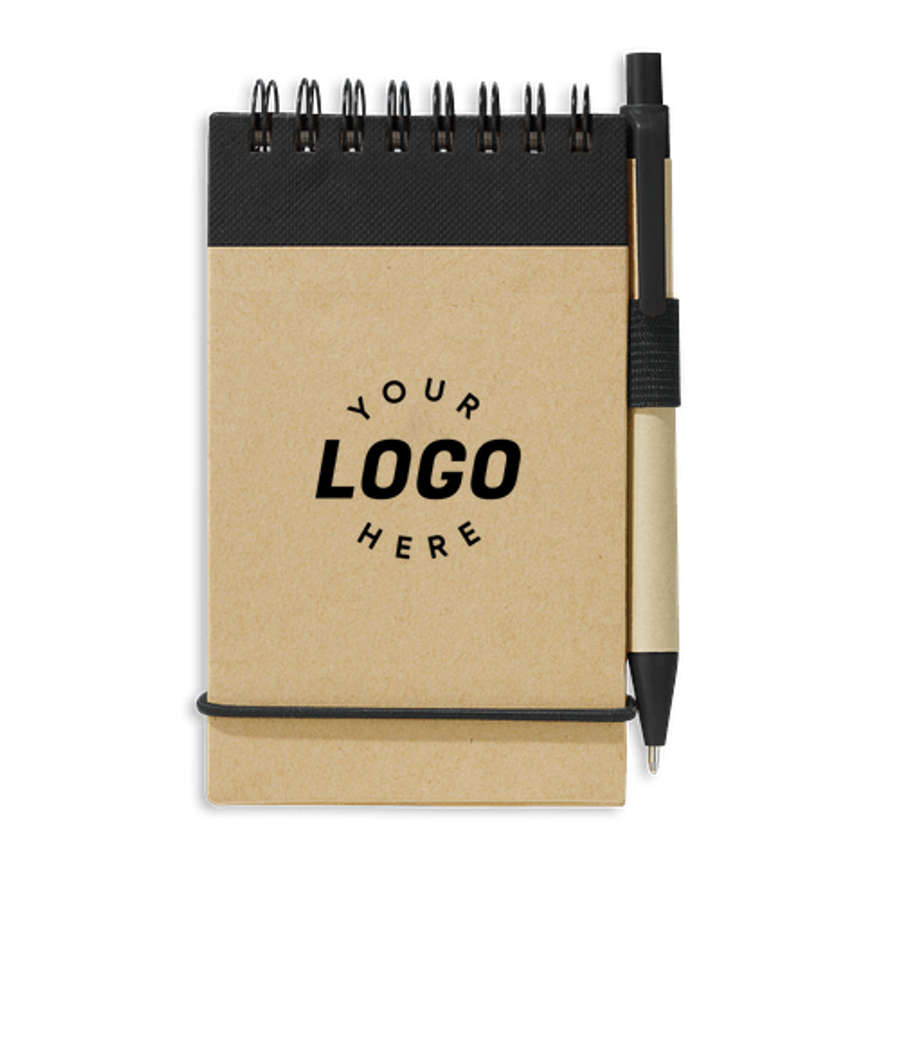Recycled Mini Flip Spiral Jotter with Pen in Natural w/ Black Trim