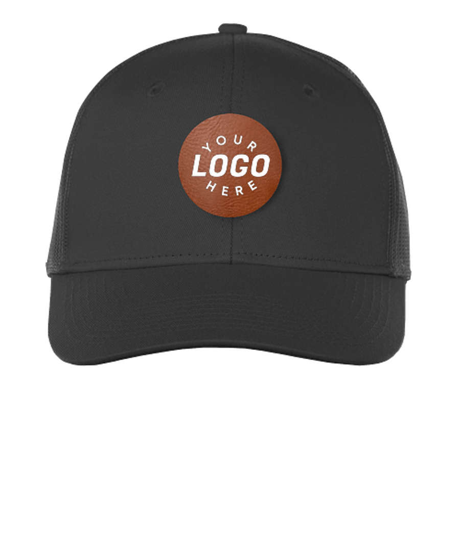Port Authority Snapback Trucker Hat - Circle Faux Leather Patch - Laser Engraved in Grey Steel