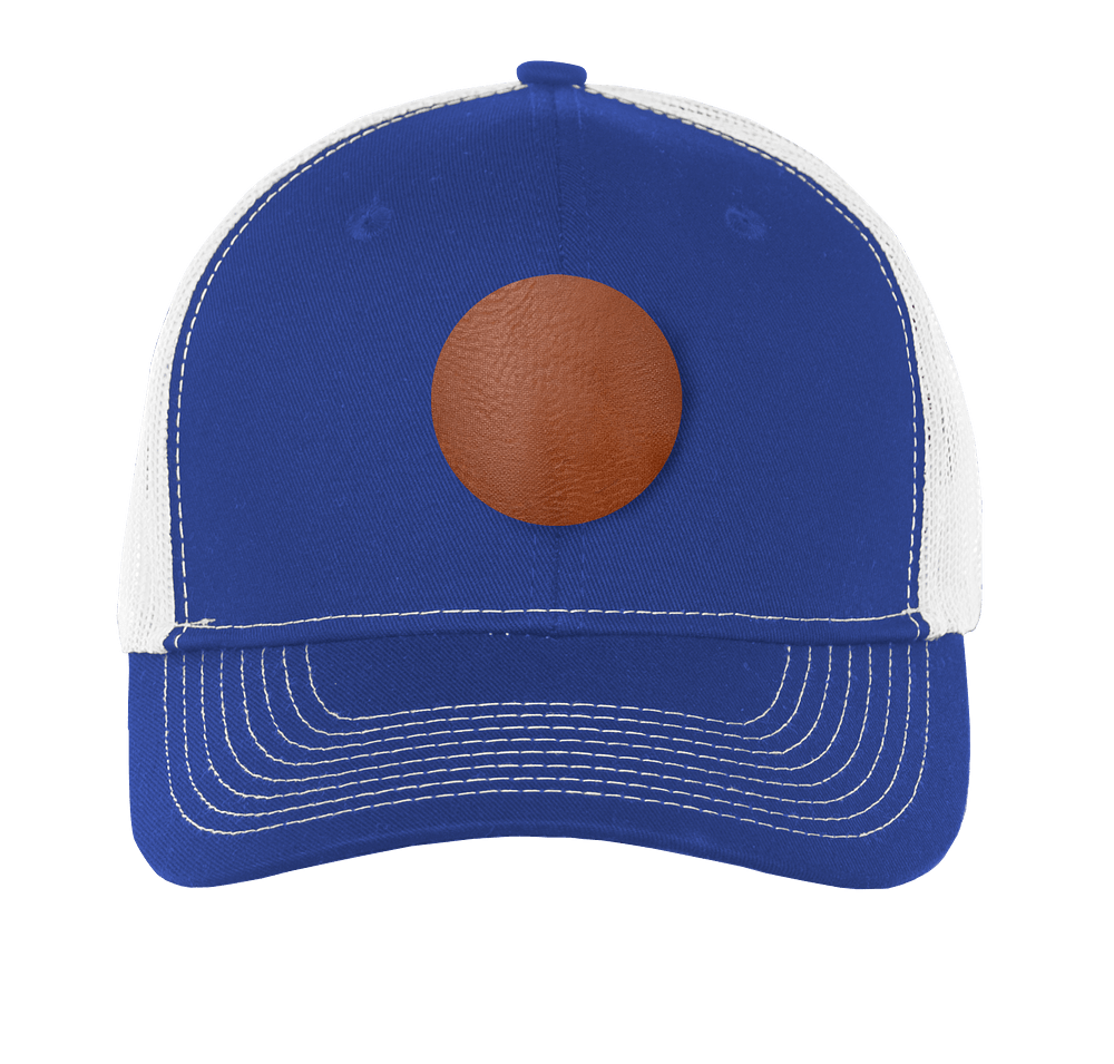 Port Authority Snapback Trucker Hat - Circle Faux Leather Patch - Laser Engraved-default