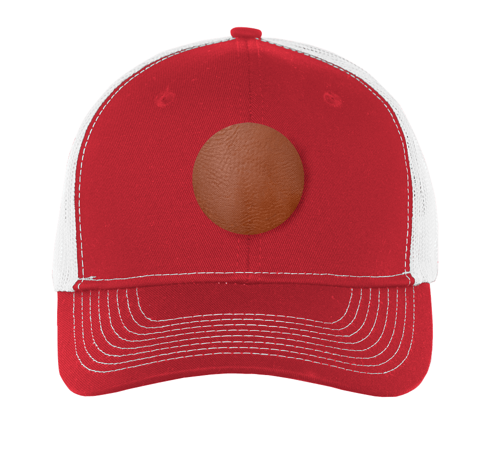 Port Authority Snapback Trucker Hat - Circle Faux Leather Patch - Laser Engraved-default