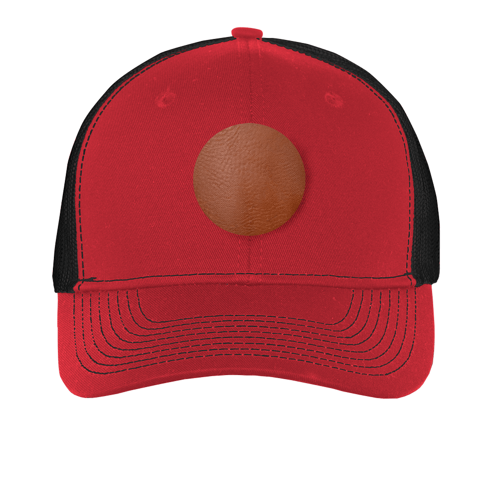Port Authority Snapback Trucker Hat - Circle Faux Leather Patch - Laser Engraved-default