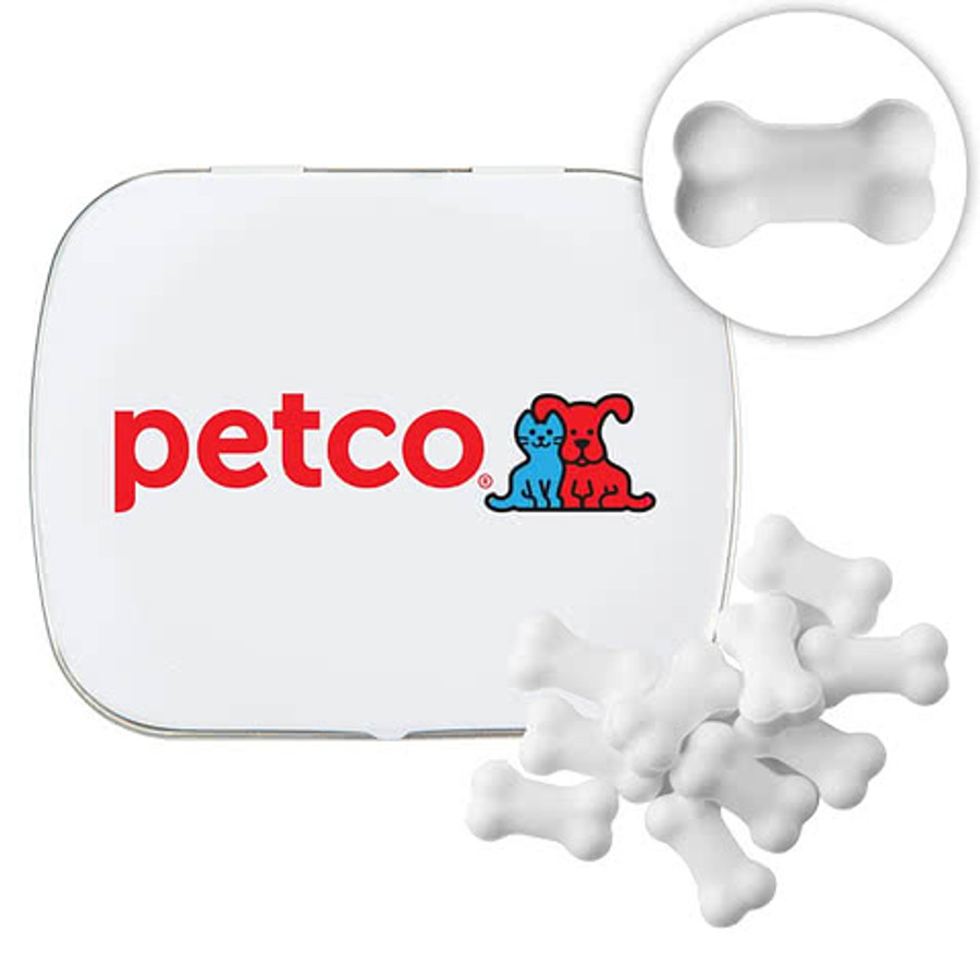 Full Color Domed Tin with Bone Shaped Mints in Athletic Gold