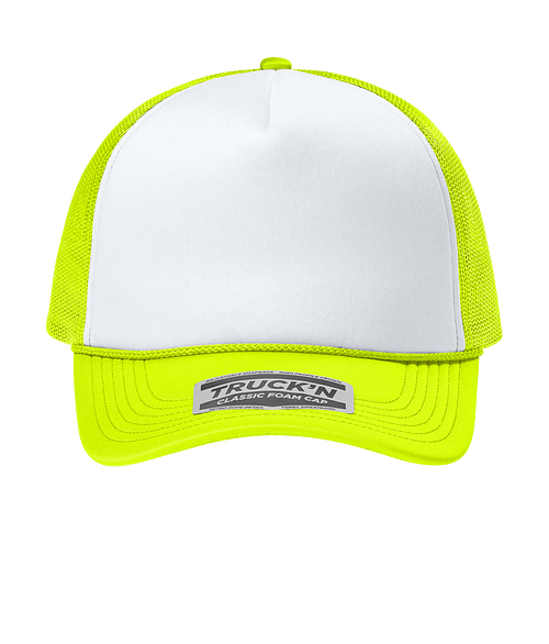 Port Authority Truck’N Five-Panel Foam Trucker Hat - Embroidered in White / Neon Yellow / Neon Yellow
