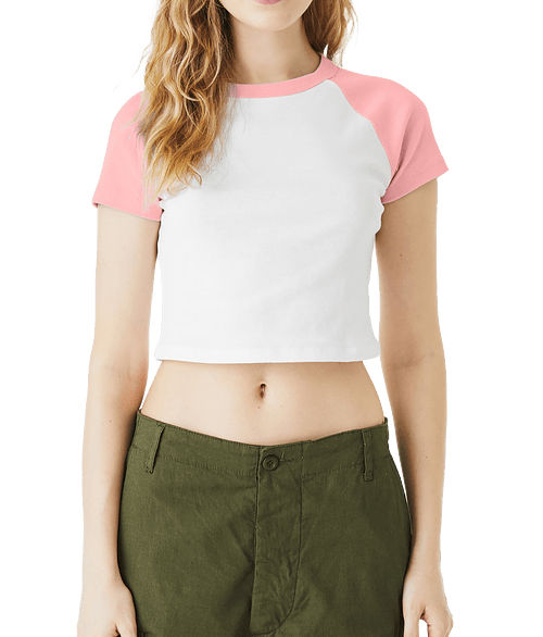 Bella + Canvas Women's Micro Rib Raglan Cropped T-shirt in White / Pink