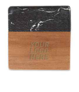 Laser Engraved Black Marble and Wood Coaster Set - Color: Black