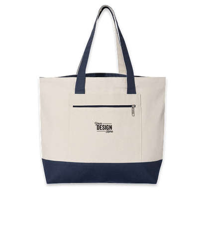 Embroidered Medium Front Zipper Cotton Boat Tote Bag - Natural / Navy