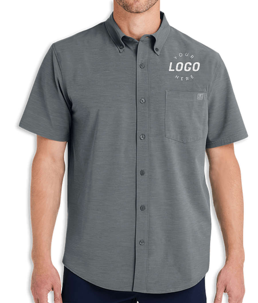 HUK Kona Solid UPF 30 Short Sleeve Work Shirt - Embroidered in Volcanic Ash