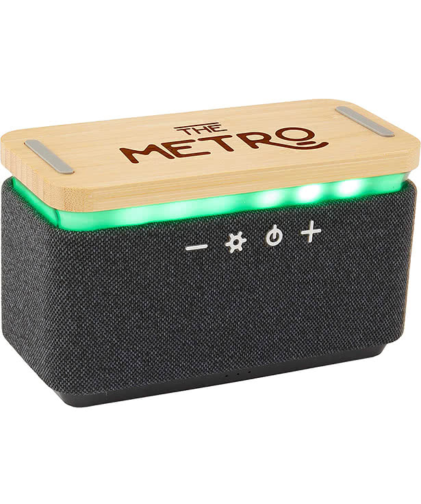 Laser Engraved Boost Fabric and Bamboo Speaker with Wireless Charging Pad