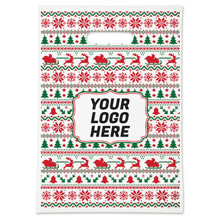 Full Color Ugly Sweater 13" Medium Plastic Handle Bag in Ugly Sweater