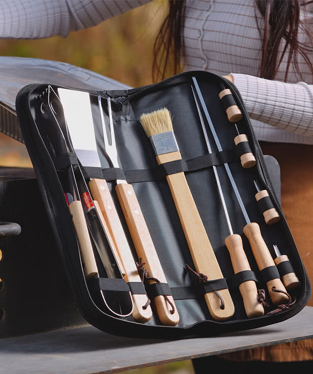 10-piece Redwood Stainless Steel BBQ Set with Carrying Bag