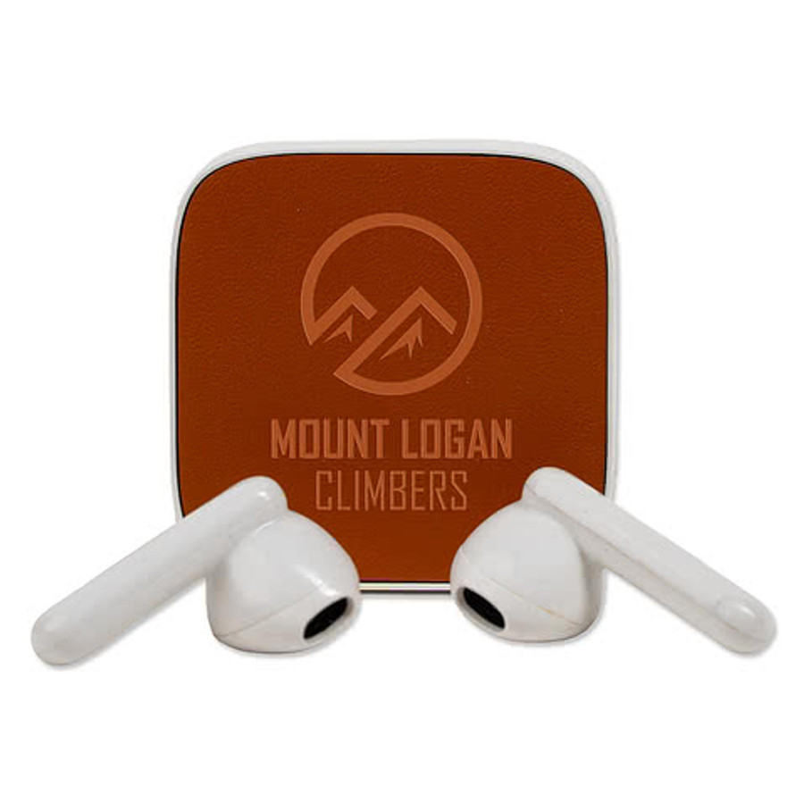 Laser Engraved TerraTone Recycled Wireless Bluetooth Earbuds in White / Brown