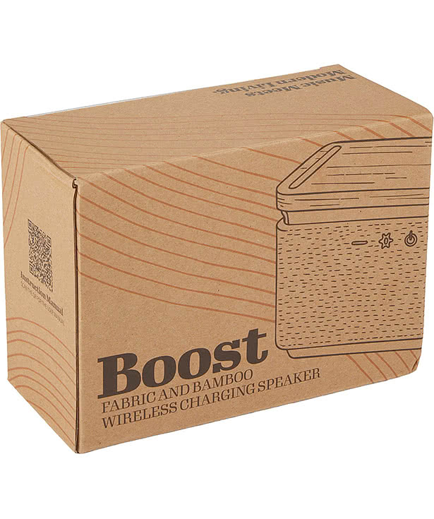 Laser Engraved Boost Fabric and Bamboo Speaker with Wireless Charging Pad