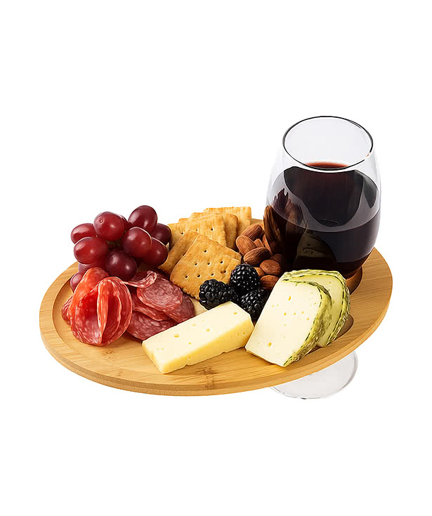 Laser Engraved Wine & Dine Recessed Bamboo Tray with Wine Glass Holder