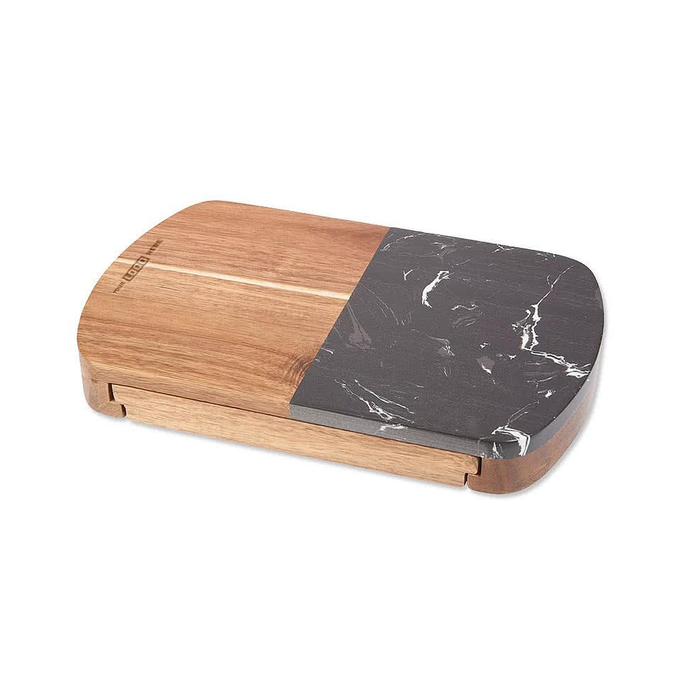 Laser Engraved Black Marble Cheese Board Set with Knives