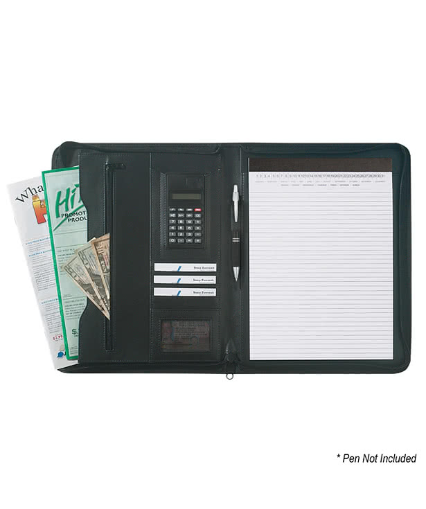 Leather Look Zippered Padfolio with Calculator