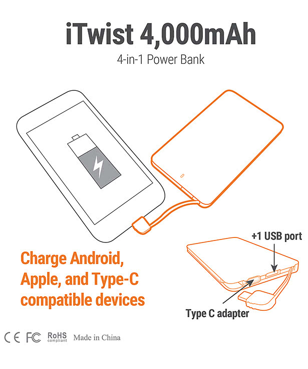 Full Color iTwist 4-in-1 4,000 mAh Portable Power Bank