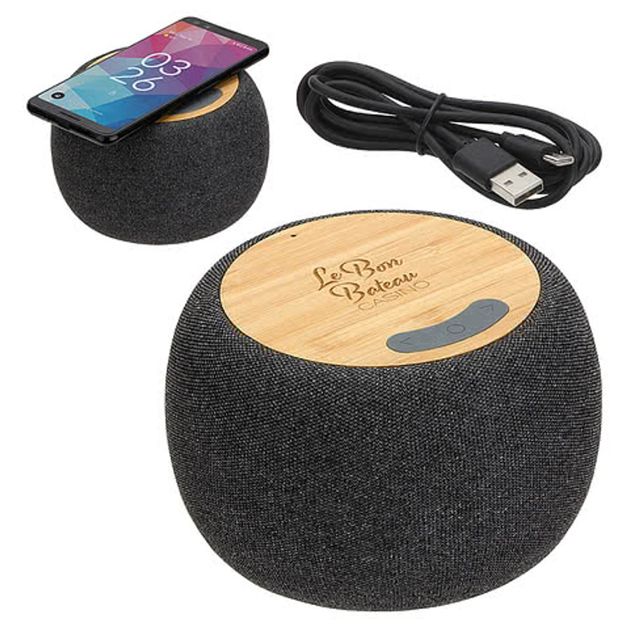 Empire Bamboo Wireless Speaker with 5W Wireless Charger in Bamboo with Gray Fabric