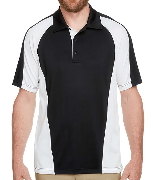 Harriton Advantage Snag Protection Plus Colorblock Performance Polo in Black /  White /  Dark Charcoal