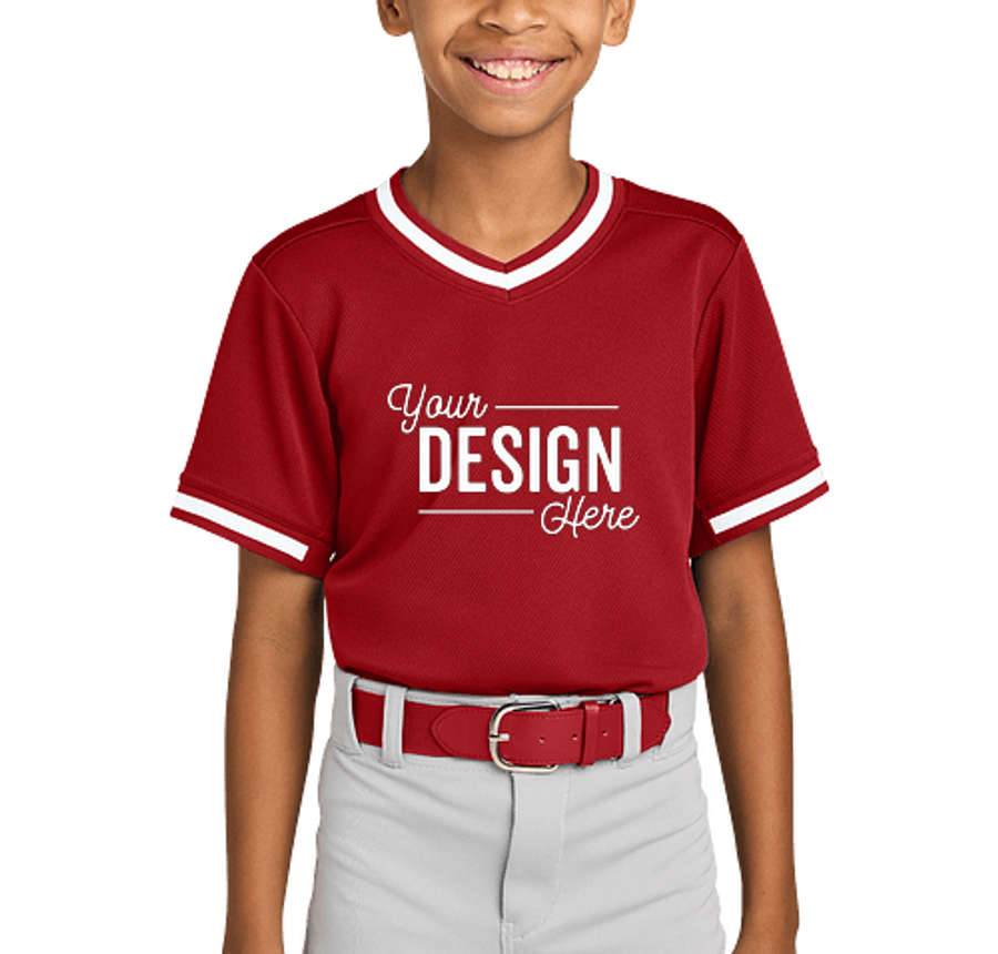 Sport-Tek Youth Tough Mesh V-Neck Baseball Jersey in True Red