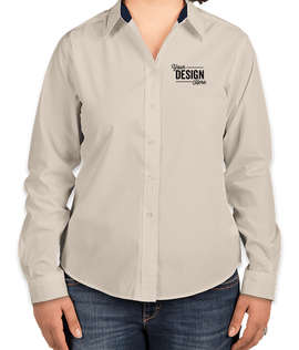 Port Authority Women's Long Sleeve Easy Care Shirt - Color: Light Stone/Classic Navy