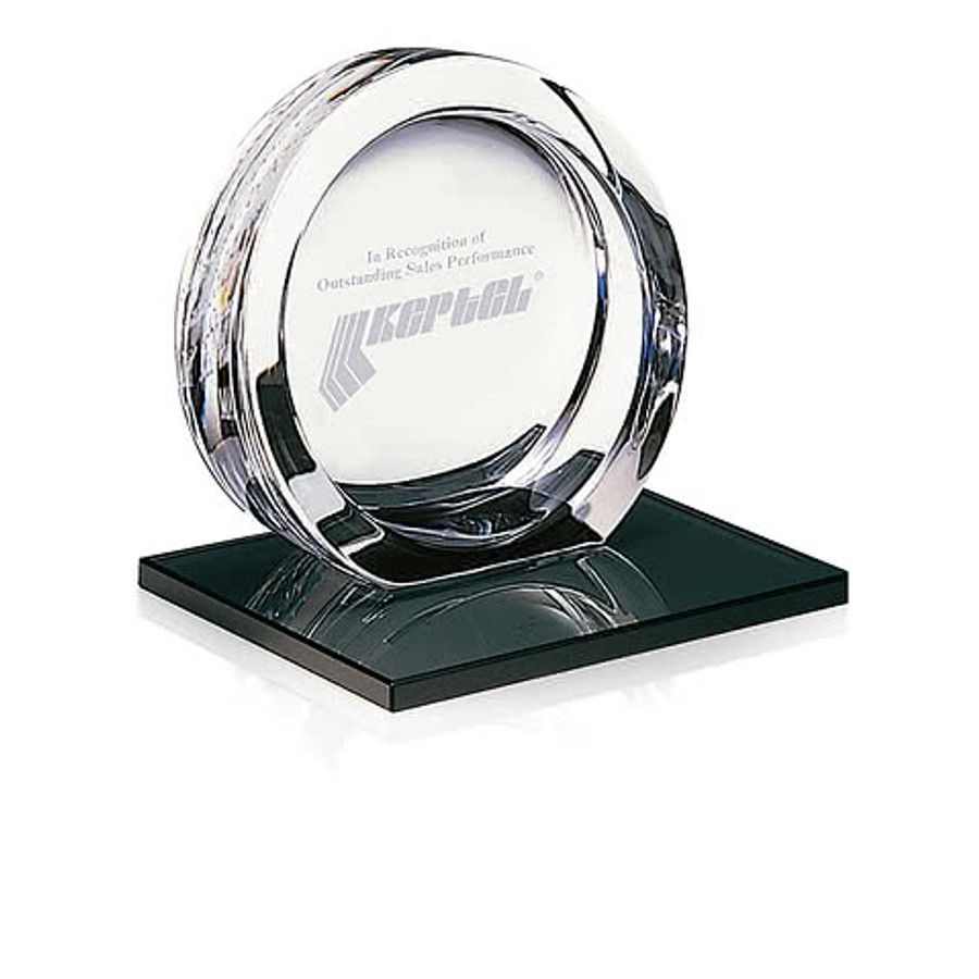 Laser Engraved Mario Cioni Large High Tech Award on Black Glass Base in Clear