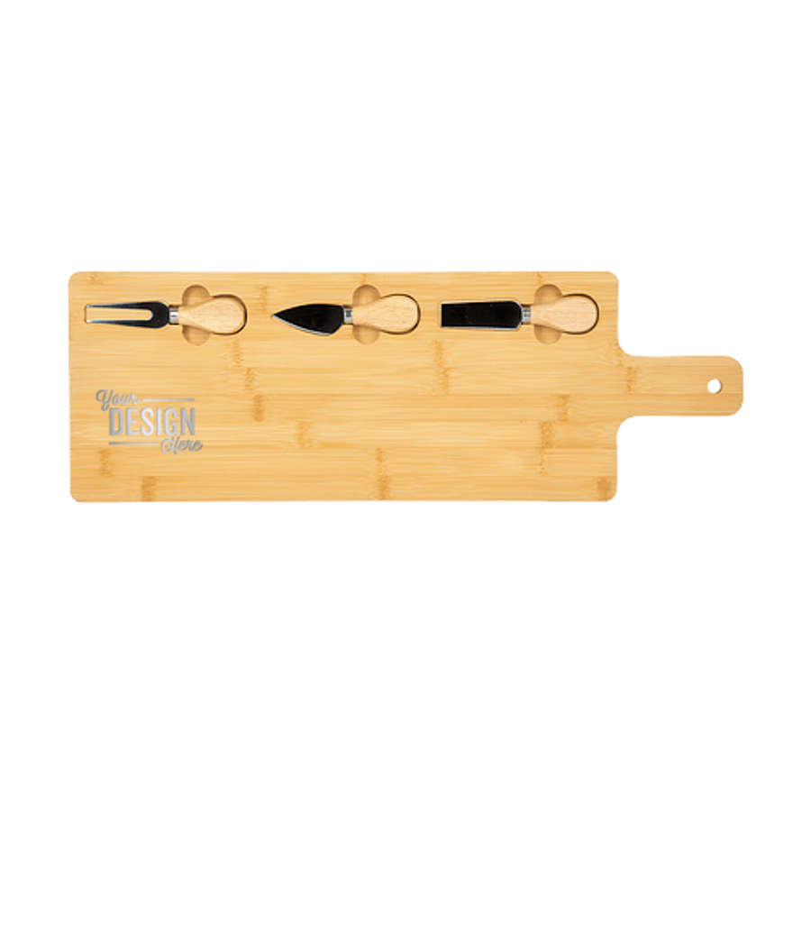 Laser Engraved Long Bamboo Charcuterie Board with Utensils in Natural