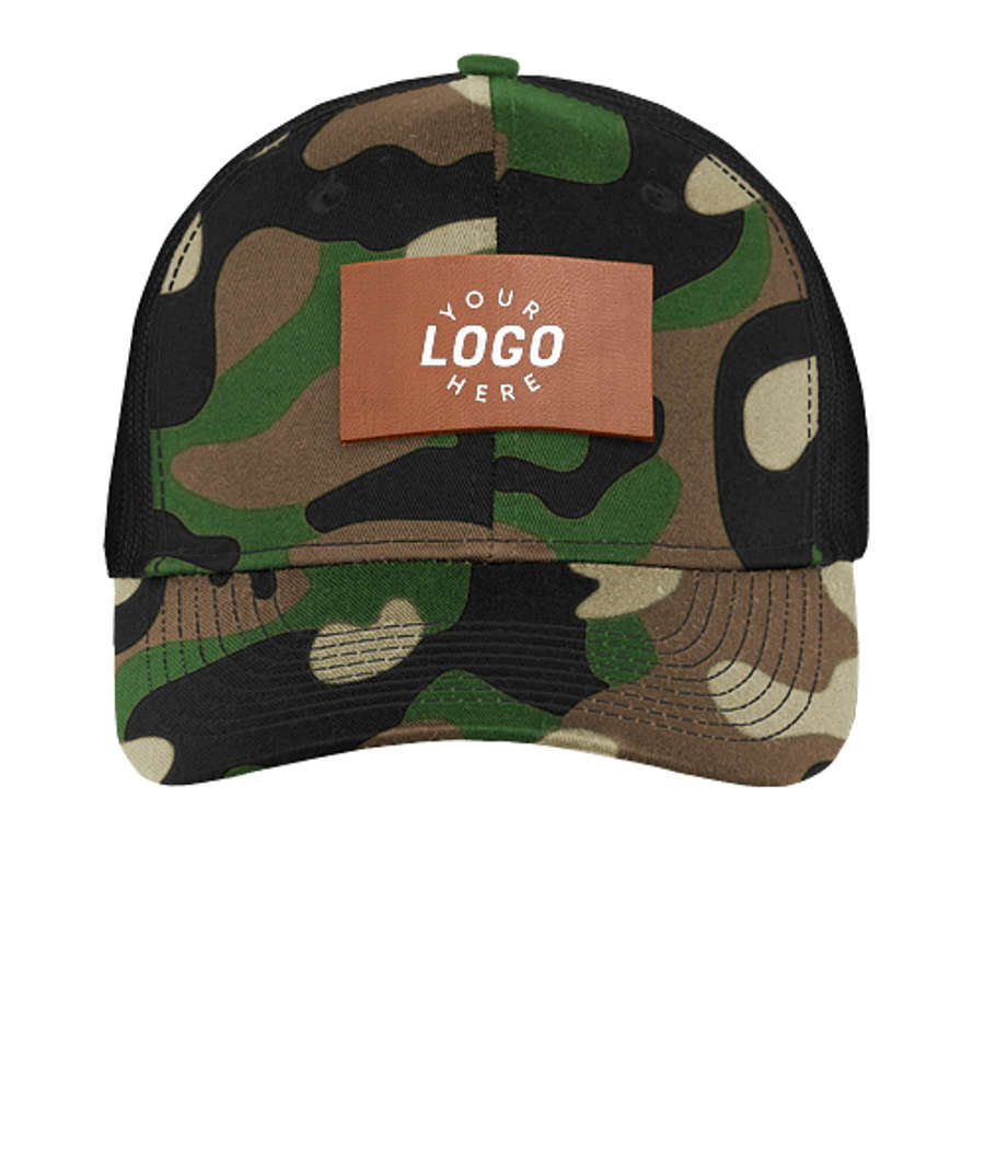 Port Authority Snapback Trucker Hat-Rectangle Faux Leather Patch-Laser Engraved in Woodland Camo / Black