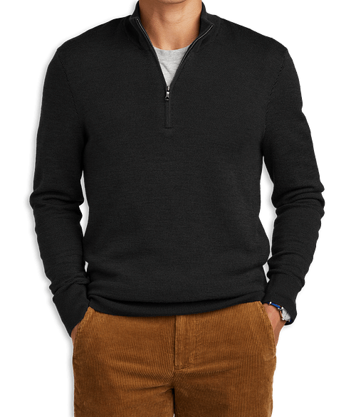 Brooks Brothers Merino Wool Birdseye Quarter Zip Sweater in Deep Black