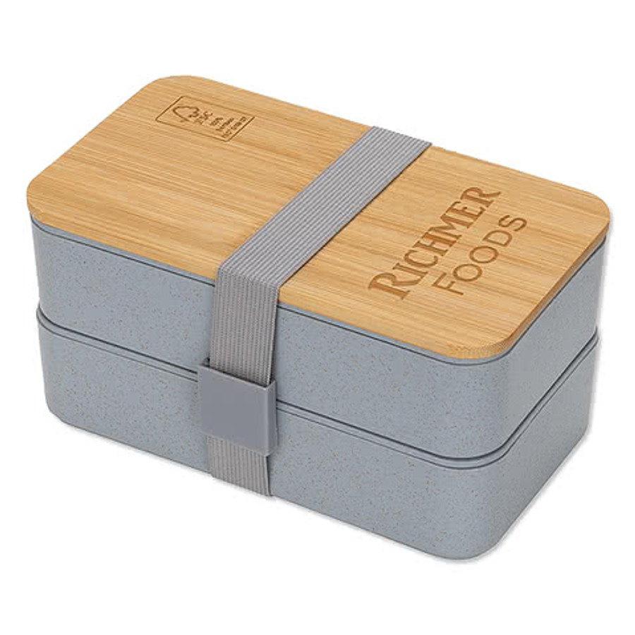 Double Decker Lunch Box with FSC Bamboo Lid & Utensils in Gray/Bamboo