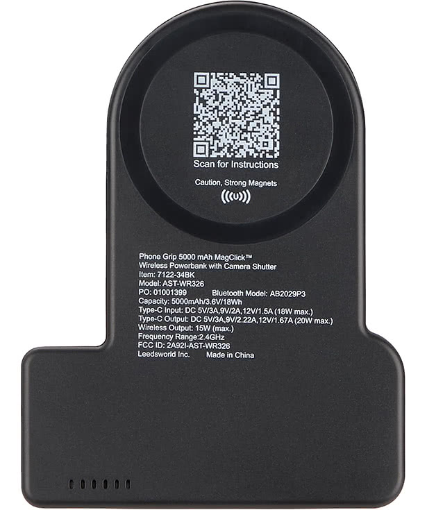 Phone Grip 5,000 mAh MagClick Wireless Power Bank and Bluetooth Camera Shutter