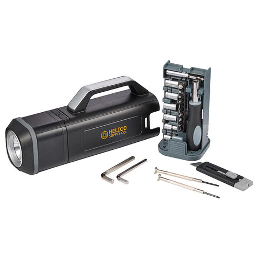 Full Color Tool Set with Rechargeable LED Flashlight in Black